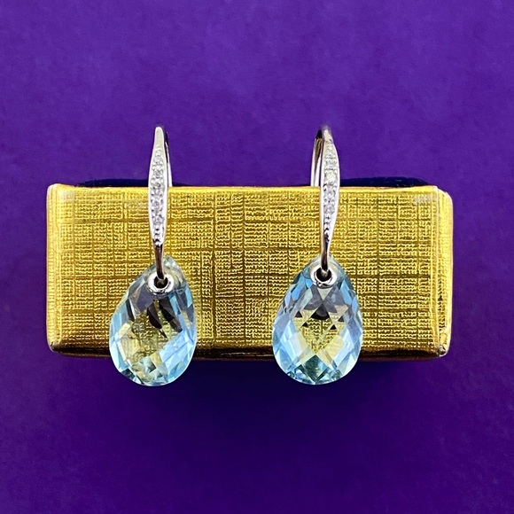 💛 14k White Gold Diamond & Blue Topaz Teardrop Dangle Earrings | Frost & Facets - Picture 10 of 10